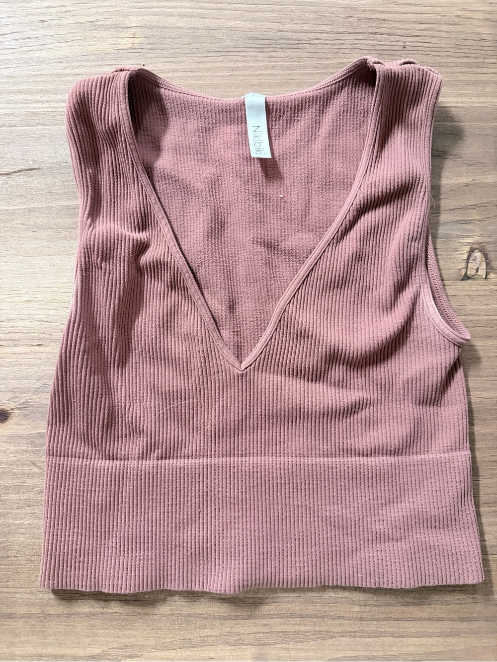 Nikibiki Ribbed V-Neck Crop Tank - Dusty Mauve